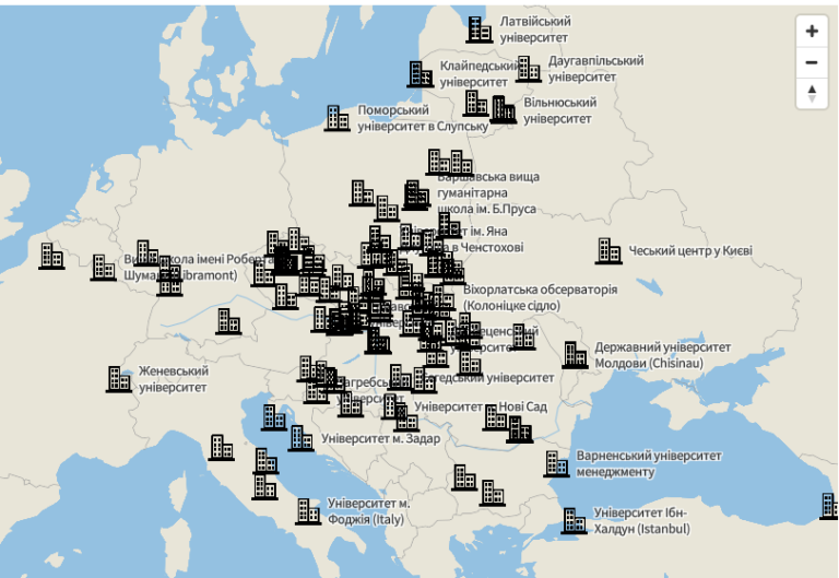 Міжнародні партнери УжНУ карта